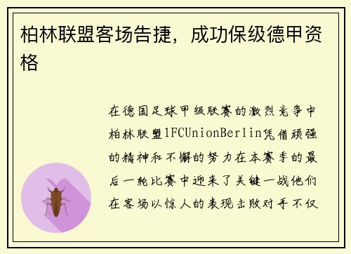 柏林联盟客场告捷，成功保级德甲资格